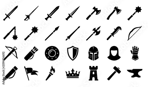 Canvastavla Medieval weaponry and heraldry icons collection black silhouette set