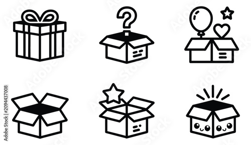 Mystery box line art icons featuring presents, question marks, and surprise elements for promotional marketing, contest banners, and vector illustration background.