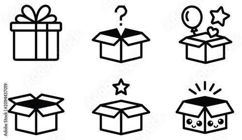 Mystery box line art icons featuring presents, question marks, and surprise elements for promotional marketing, contest banners, and vector illustration background.