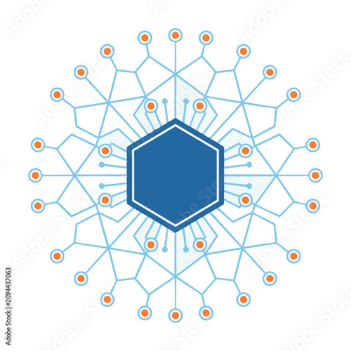 Minimalist technological concept with a central microprocessor surrounded by a symmetrical hexagonal grid network and circular nodes on a white background technology concept