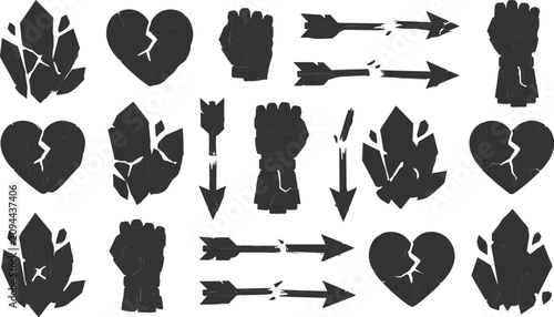 Foto Broken and Cracked Silhouette Icon Set with Heartbreak Crushed Crystals Fracture