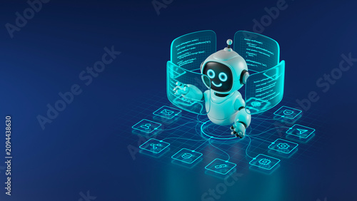 AI agent robot workflow automation orchestrator artificial intelligence data coding icon flow process assistant technology futuristic 3d rendering.
