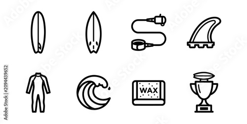 Bild auf Leinwand Surfing equipment and wetsuit line icon set