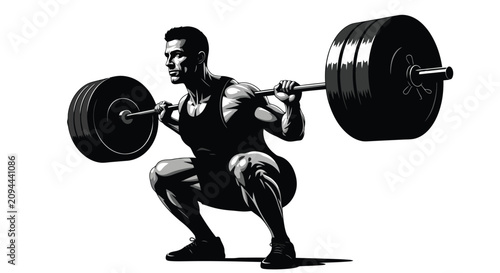 Foto Male Athlete Performing Squat with Heavy Barbell in Gym.