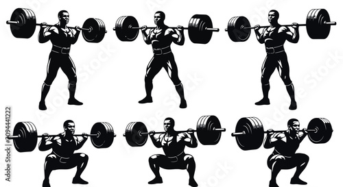 Tableau sur toile Male Weightlifter Performing Squat Exercise with Barbell in Gym.