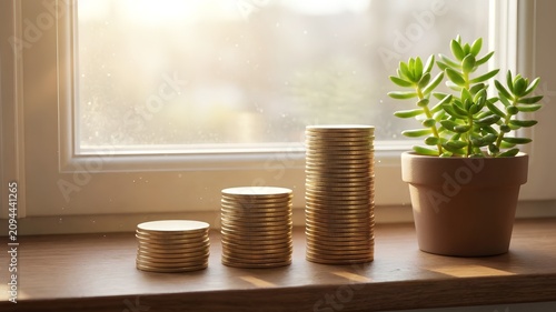 Growing Stacks of Coins with Green Plant Symbolizing Financial Growth and Savings