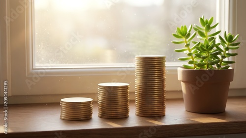 Growing Coin Stacks with Green Plant Symbolizing Financial Growth and Investment