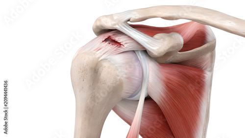 Shoulder rotator cuff tear with supraspinatus tendon injury, photorealistic medical 3D illustration for orthopedic education, radiology reference, healthcare design, and patient information