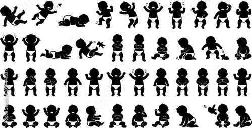 Bild auf Leinwand Cute Baby Silhouette Set with Newborn Toddler Infancy Poses Showing Crawling Cry