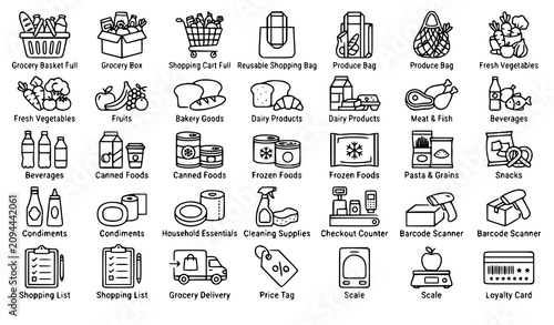 Minimal Grocery Shopping Vector Icon Pack with Basket Food and Retail Symbols