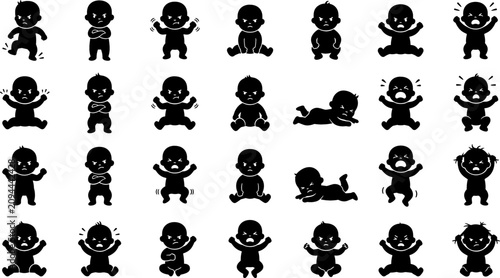 Bild auf Leinwand Cute Newborn and Toddler Silhouette Set Featuring Baby Tantrums Crying Crawling
