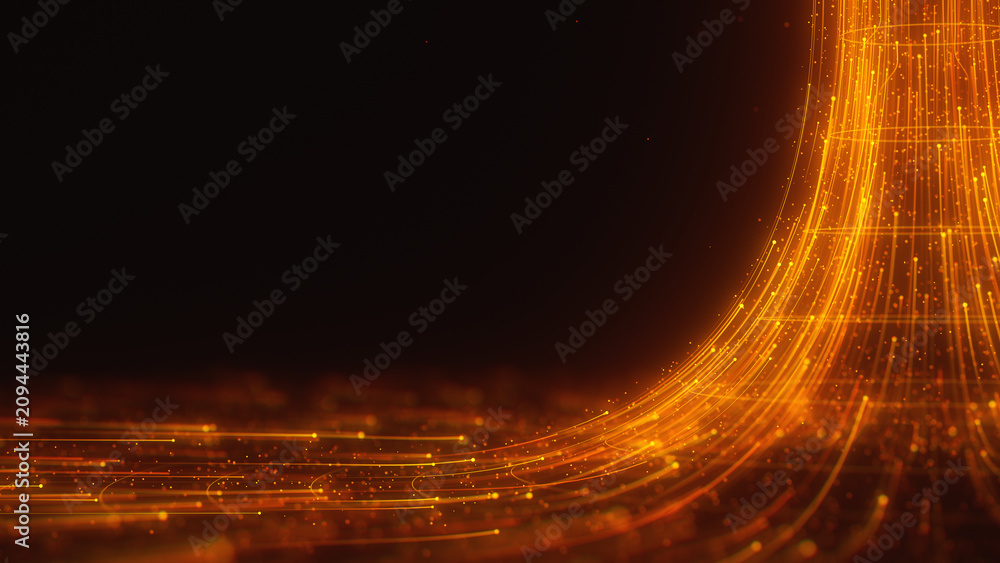 Obraz premium Golden abstract data flow in cyber black hole. 3D quantum information vortex with magic particles.