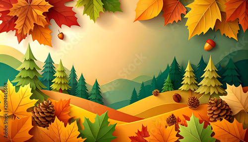 Autumn forest landscape background with maple leaves and pine trees in paper cut style