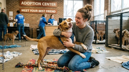 Smiling Young Woman Embracing a Pit Bull Mix Dog at an Animal Rescue Shelter Adoption Center with Volunteers and Cages in the Background Interior.