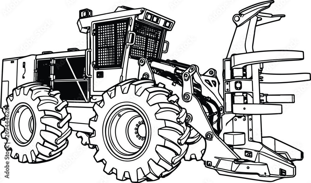 Obraz premium Detailed Forestry Skidder Line Art Coloring Page with Grapple Attachment