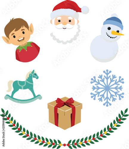 Obraz na plátně Christmas Holiday Vector Icon Set with Cute Santa Claus, Elf, Snowman, Rocking H