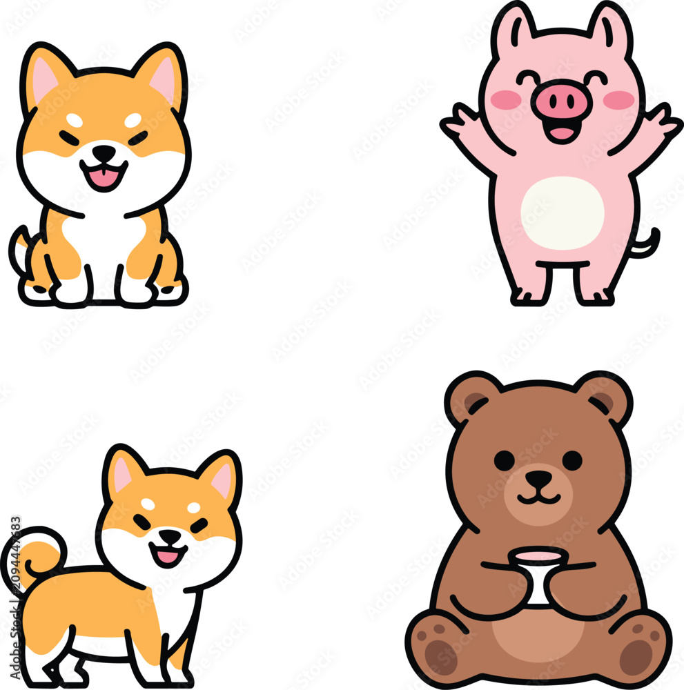 Fototapeta premium Cute cartoon animal characters set including two happy shiba inu puppies a joyful pink piglet and a sitting brown bear holding coffee cup vector illustration