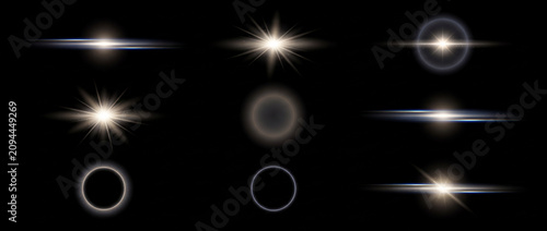 Anamorphic lens flare light effects set featuring glowing golden and blue streaks, bright starbursts, and circular rings on a dark background for cinematic video overlays and graphic design