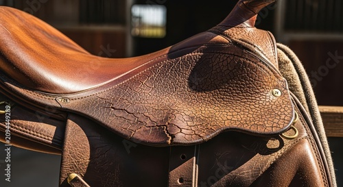 Close-up of a cracked, worn leather saddle, showing aged texture and detail