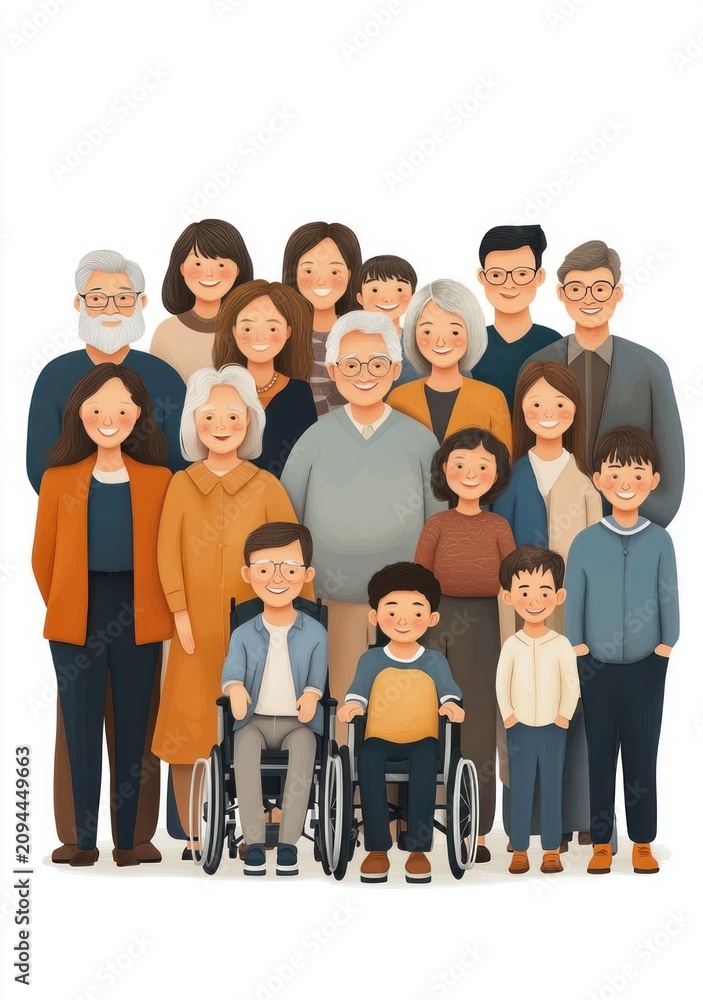 Obraz premium Large multigenerational family portrait with children, adults and elderly, including two wheelchair users, all smiling and standing together in warm supportive togetherness