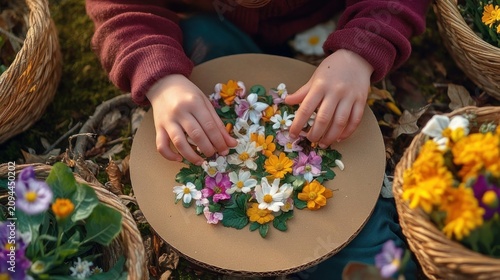 child wearing maroon sweater arranging colorful wildflowers on round cardboard board amid wicker baskets outdoors, peaceful focused play