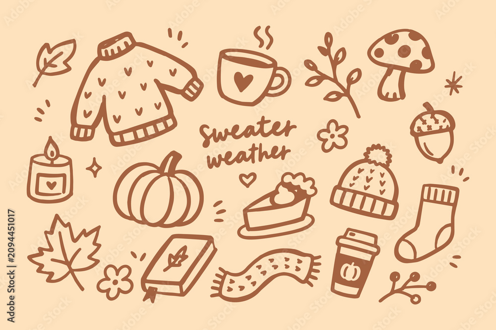Fototapeta premium Autumn cozy doodle set hand drawn vector illustration