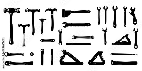 Collection of various vintage hand tools arranged in a grid-like composition, including hammers, saws, wrenches, and a hand plane, all depicted in a minimalist black and white vector illustration s...