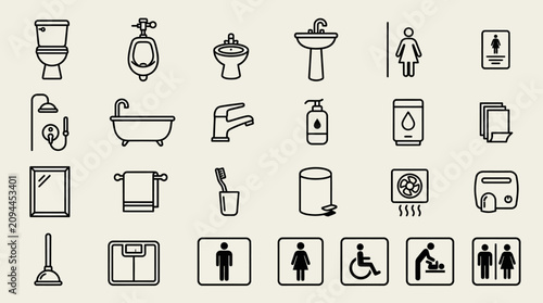 Bathroom icon set with fixtures and signage, toilets, sinks, showers, bathtubs, dispensers, towels, bins, mirrors, accessibility symbols