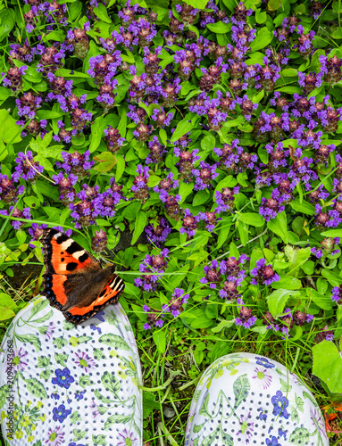 Gartenschuhe in einer grünen Blumenwiese mit einem Schmetterling