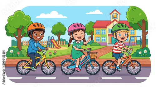 Children Riding Bicycles in Park on Sunny Day with Trees and School Building in Background