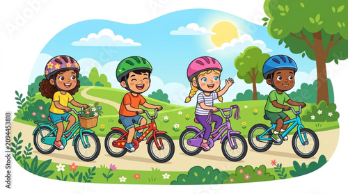 Group of children riding bicycles in park on sunny day with green trees and blue sky