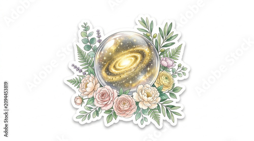 mystical galaxy globe surrounded by pastel roses and green foliage in a magical fantasy scene