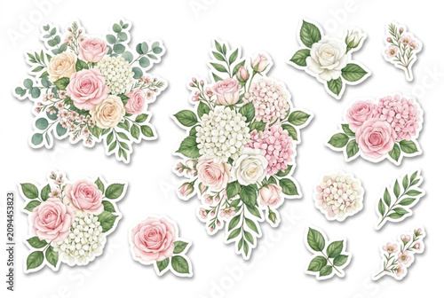 Delicate floral arrangement with pink and white roses and green leaves perfect for wedding and decorative themes