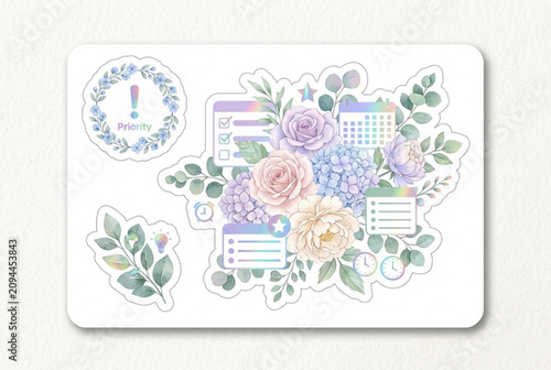 Delicate pastel floral arrangement with chat bubbles and checklists representing communication and planning in a soft color palette