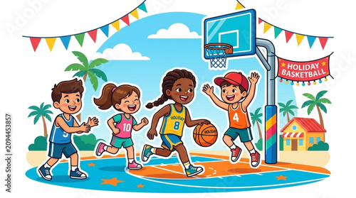 Kids Playing Basketball Outdoor on Bright Sunny Day with Beach and Palms in the Background
