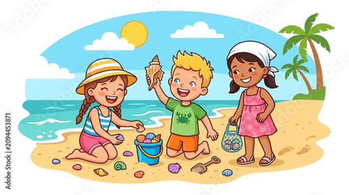 Children playing on a sunny beach with seashells sand and palm trees enjoying summer vacation