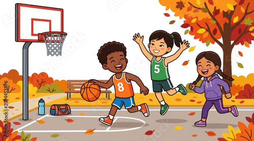 Kids Playing Basketball Outdoors in Fall Cheerful Children Dribbling Jumping Playing Exercise Recreation