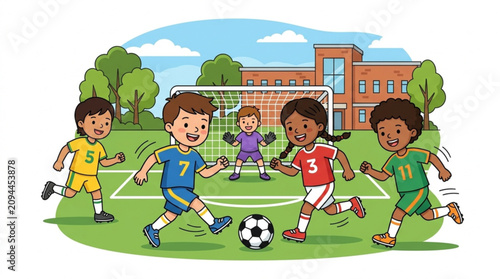 Children playing soccer on green grass field in school yard sunny day