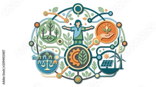 conceptual illustration of sustainable energy and environmental protection with eco icons in vibrant colors