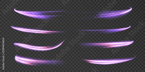 Glowing curved light streaks for game effects, magical attacks, speed motion, energy slashes and interface design, isolated on transparent background. Vector.