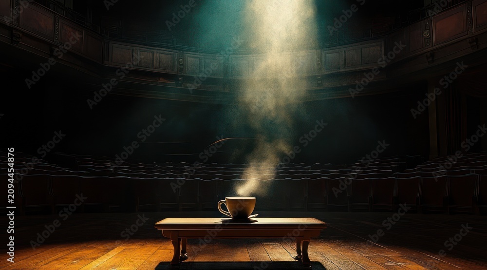 Obraz premium steaming cup on a wooden bench center stage under a lone spotlight in an empty theater, evoking quiet solitude and warm anticipation