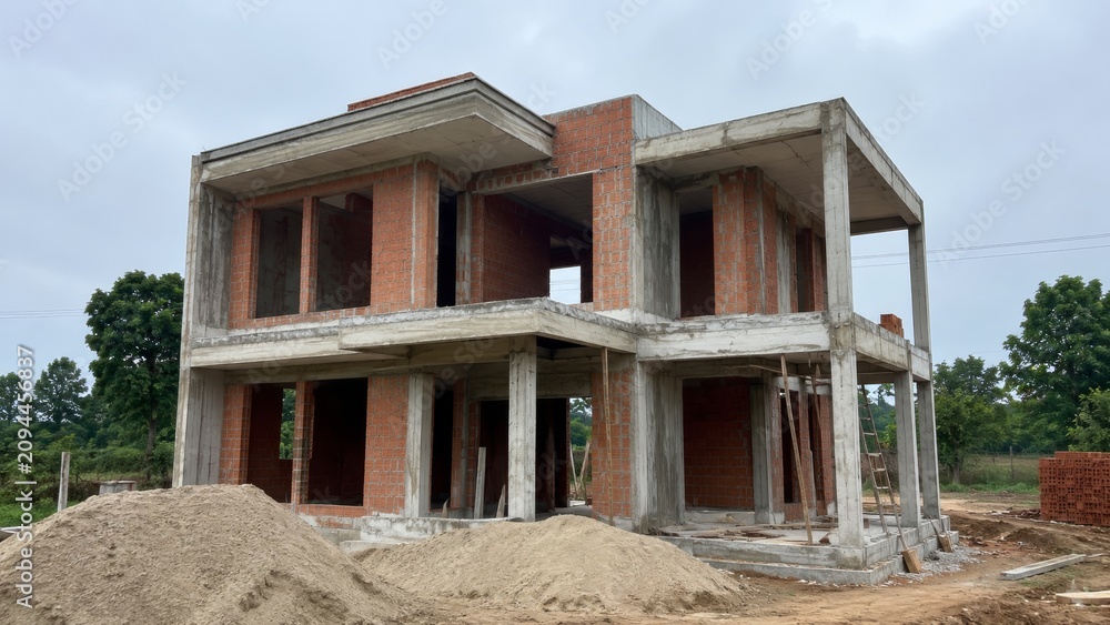 Fototapeta premium Contemporary two story residential building under construction with exposed concrete framework and unfinished exterior
