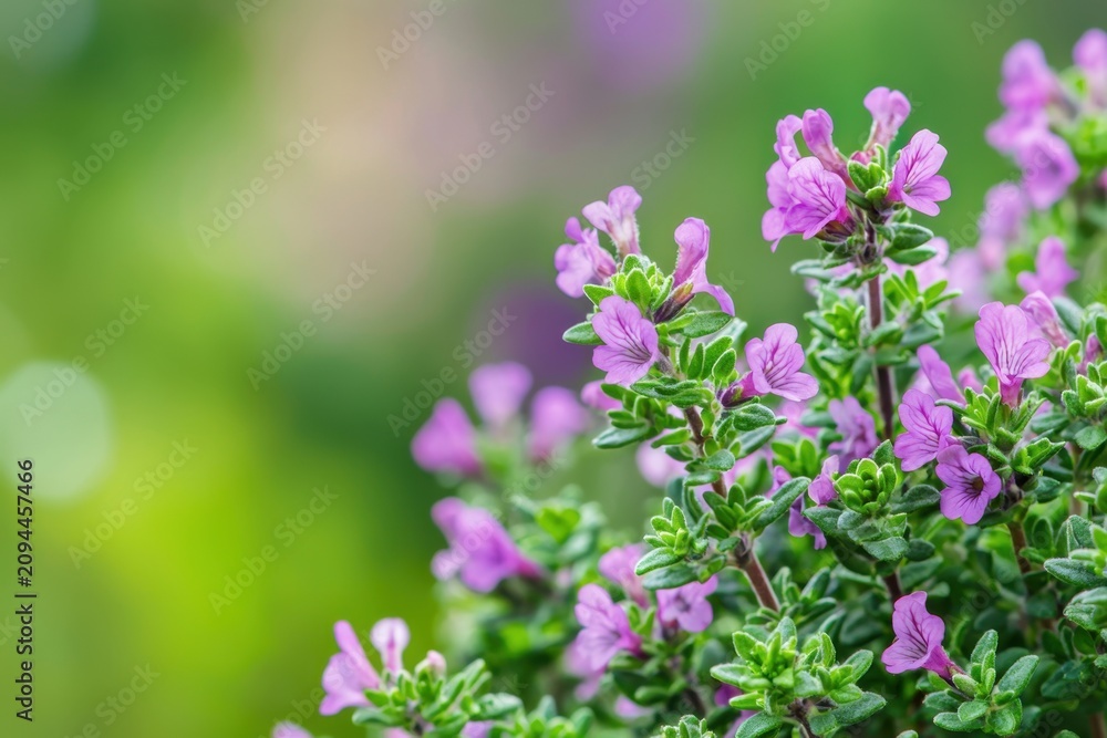 Obraz premium Close up thyme flowers blooming in garden with green foliage and soft blurred background, natural spring floral scene