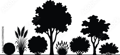 Black tree silhouettes and garden shrubs vector set, landscape vegetation icons, botanical plant outlines for architectural site plans