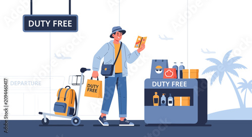 Happy traveler shopping at duty free airport store, vacation travel concept