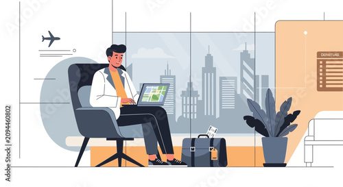 Man working on laptop in airport lounge with city view, travel concept