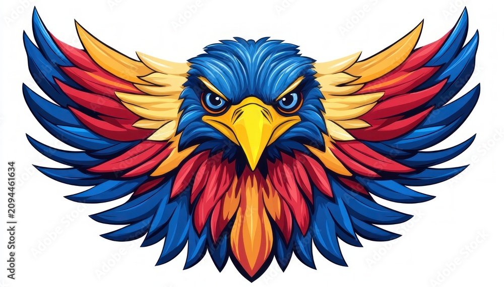 Fototapeta premium Vibrant stylized eagle head with outstretched red, blue and yellow wings, layered feathers and a fierce, intense glare conveying power and determination