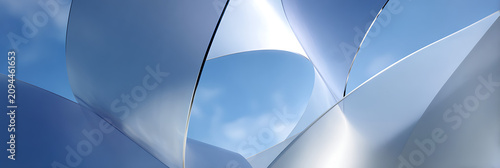 Modern minimalist architectural structure featuring curved white metallic ribbons and smooth geometric lines framing a bright blue sky with soft clouds in daylight