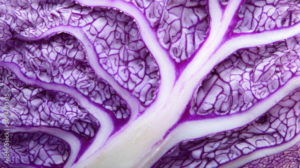 Obraz premium Extreme macro of freshly cut purple cabbage revealing intricate natural fractal veins, vibrant violet and white textures, crisp studio lighting
