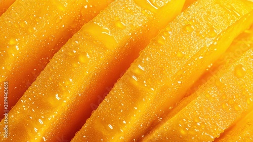 Extreme macro of ripe mango flesh sliced to reveal vibrant golden fibers with glossy juice droplets, tropical freshness concept, premium commercial